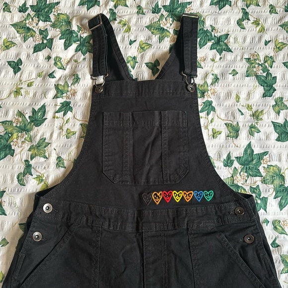 Black Overall Shorts with Embroidered Rainbow Hearts - Picture 4 of 8